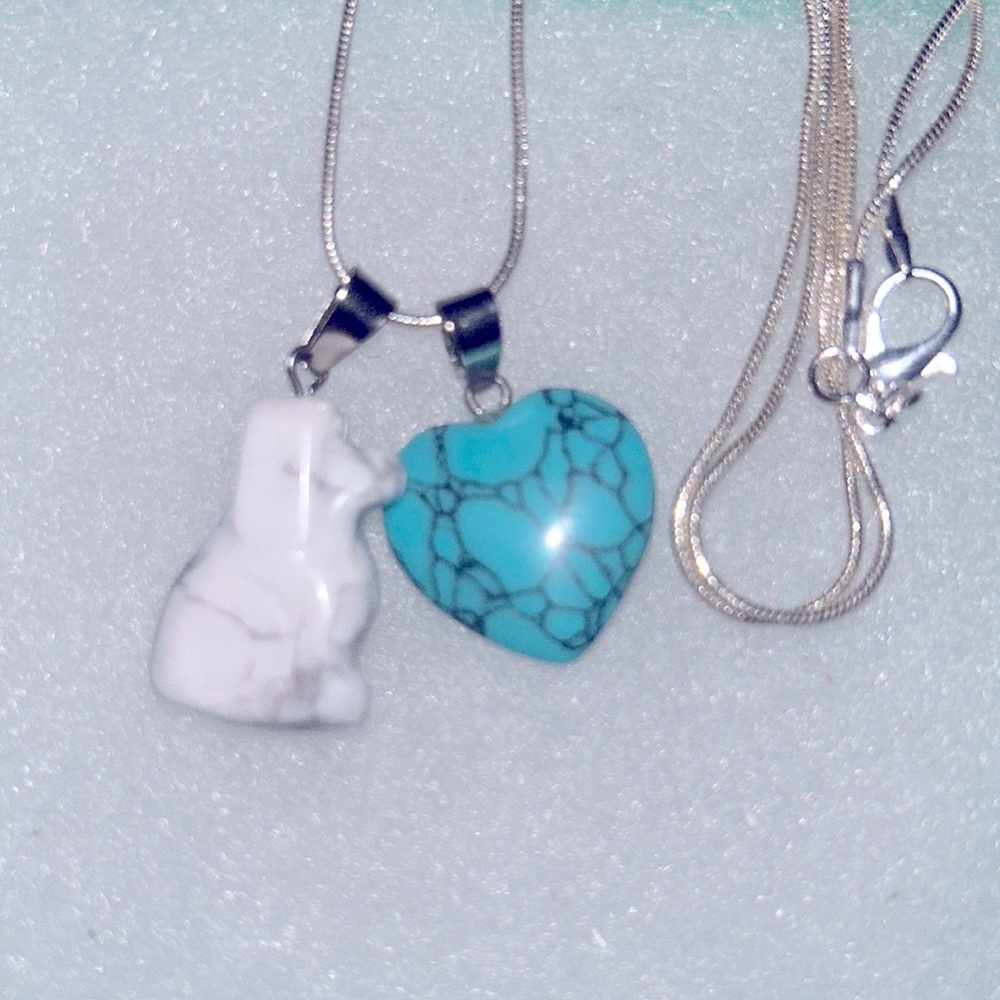 Boho Hippie Howlite Dog and Turquoise Heart Sterling Silver Necklace 24”